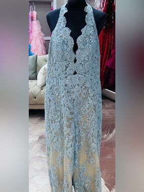 Jovani Light Blue Lace Halter Gown